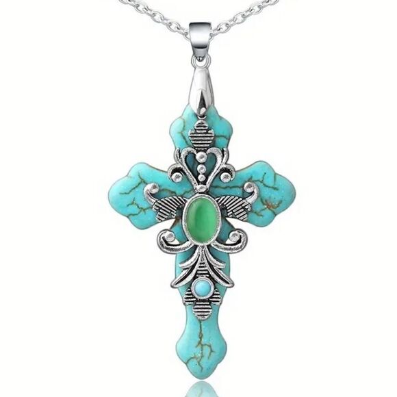 No Brand Jewelry - Howlite Turquoise Stone Cross Pendant Necklace Womens Casual Green Center Stone